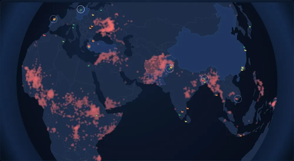 A globe with recorded violence drawn as red heat, and example supplier sites ringed.